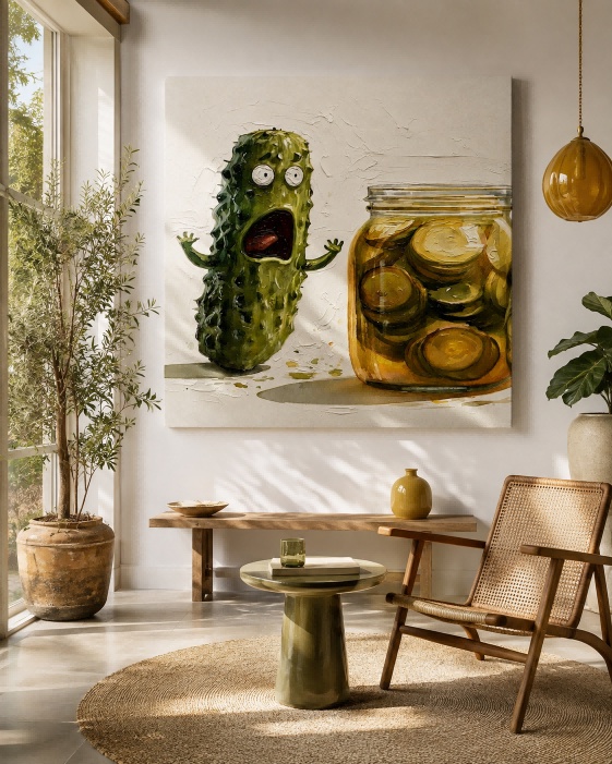 Anthropomorphic Food Art Canvas Print Featuring Scared Cucumber Character