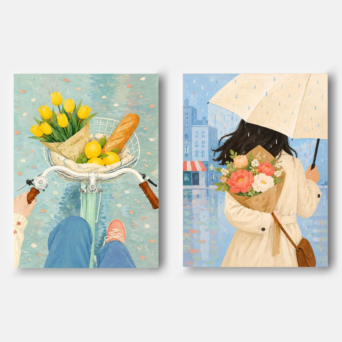 Hand-Painted Floral And City Life Diptych Canvas Art With Yellow Tulips