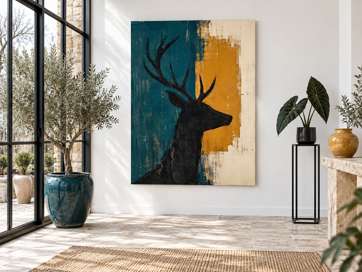 Hand-Painted Black Stag Silhouette Canvas Art With Teal And Amber