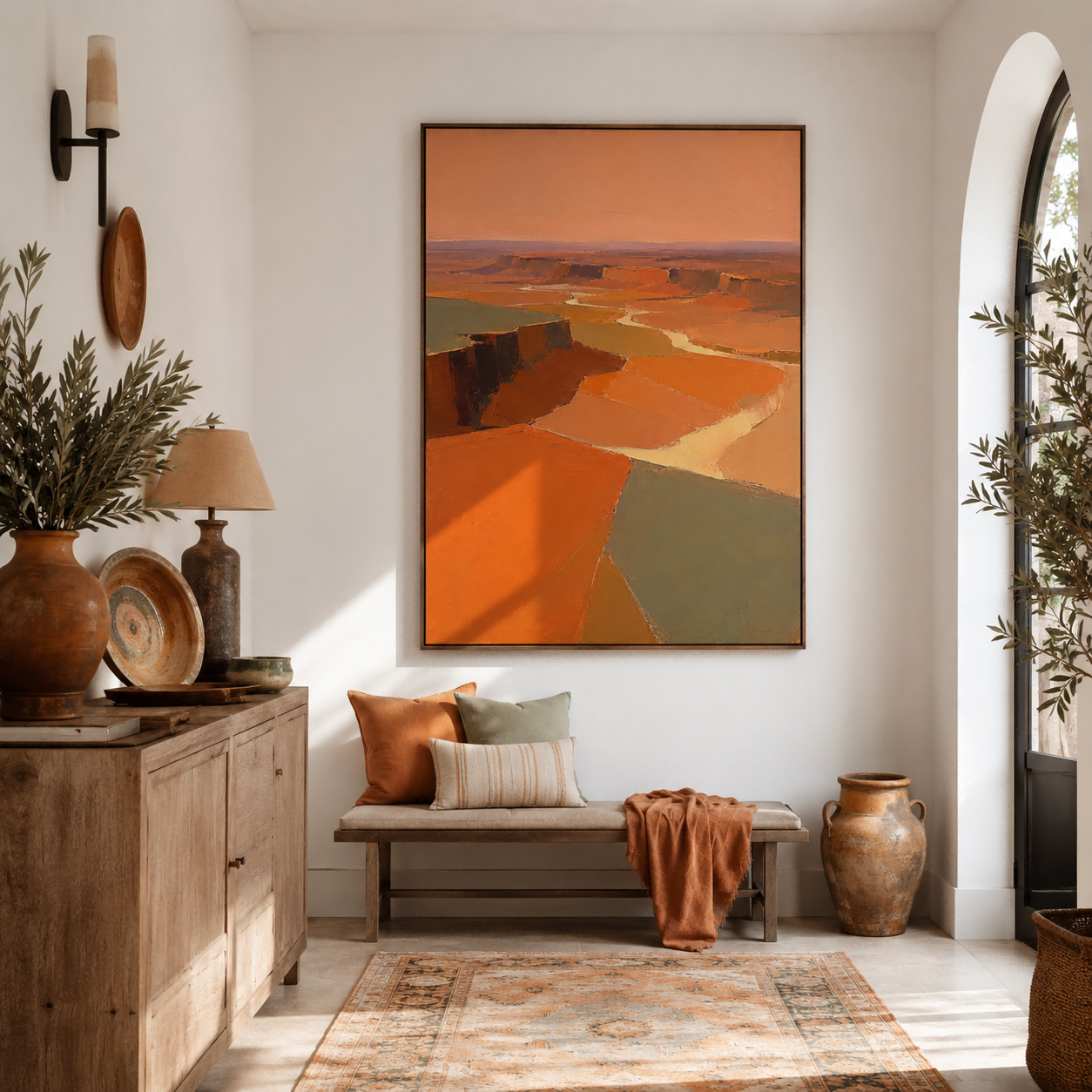 Modern Abstract Landscape Painting With Warm Earth Tones For Living Room Decor