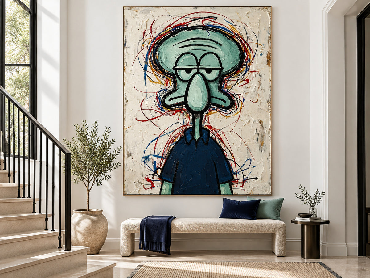 Hand-Painted Squidward Portrait With Colorful Graffiti Lines On Canvas