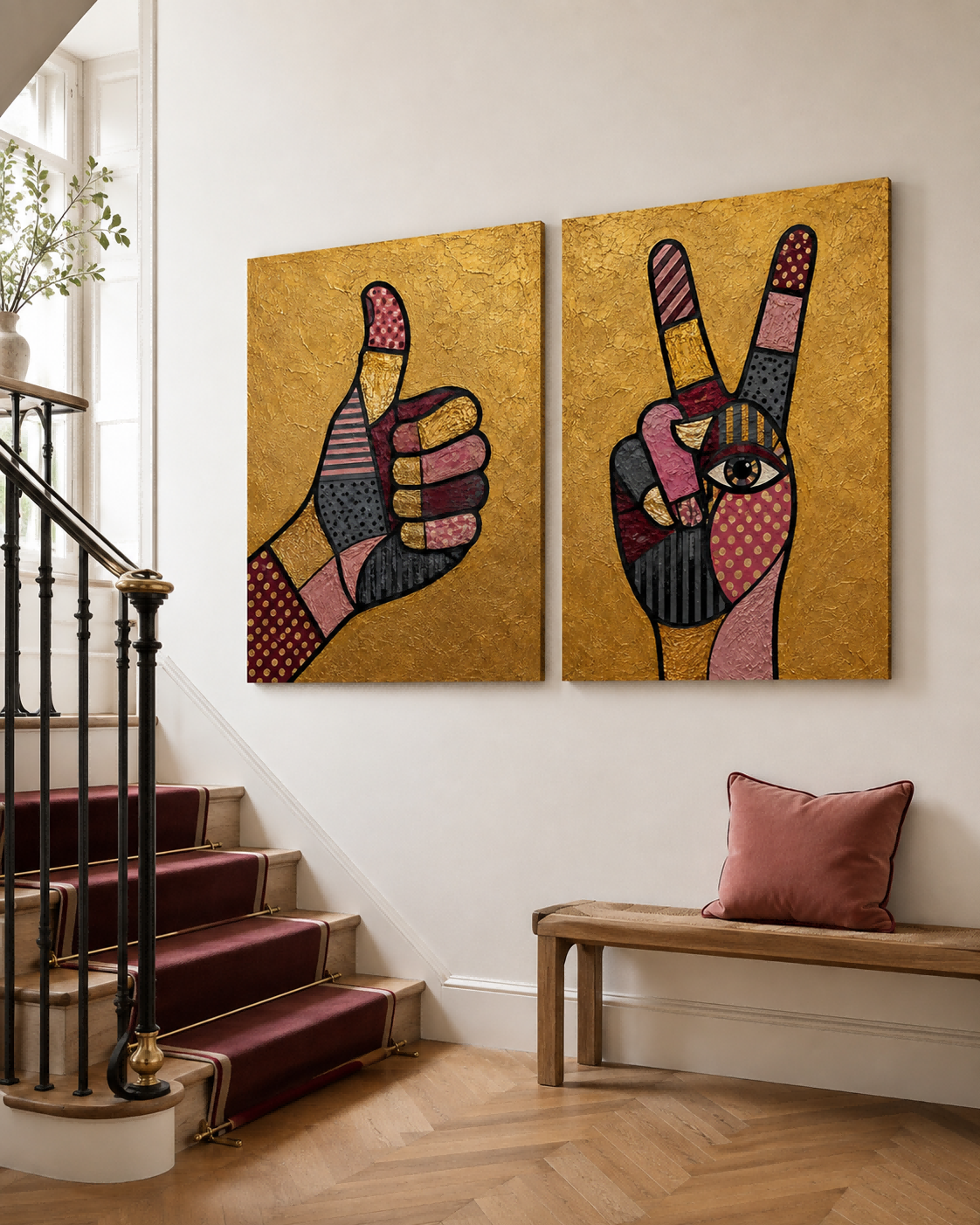 Hand-Painted Pop Art Hand Gestures Canvas Painting Set With Gold Background Eclectic Pop Art Canvas Set Pink Black Geometric Patterns On Gold