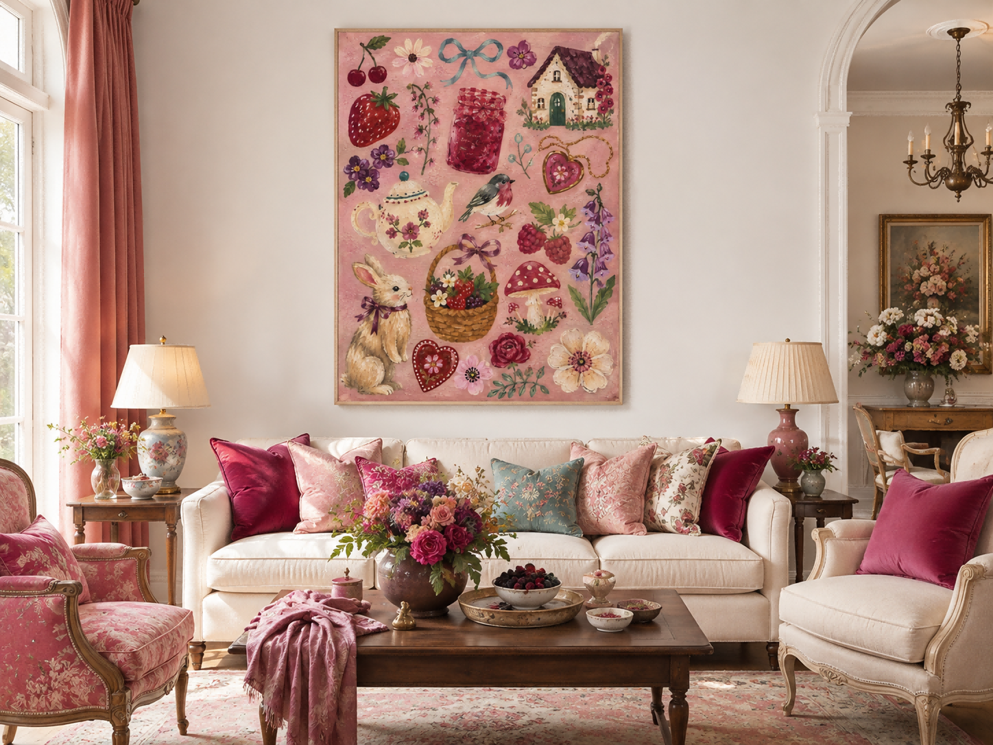 Vintage Pastoral Art With Berries And Cottage For Cozy Home Decor