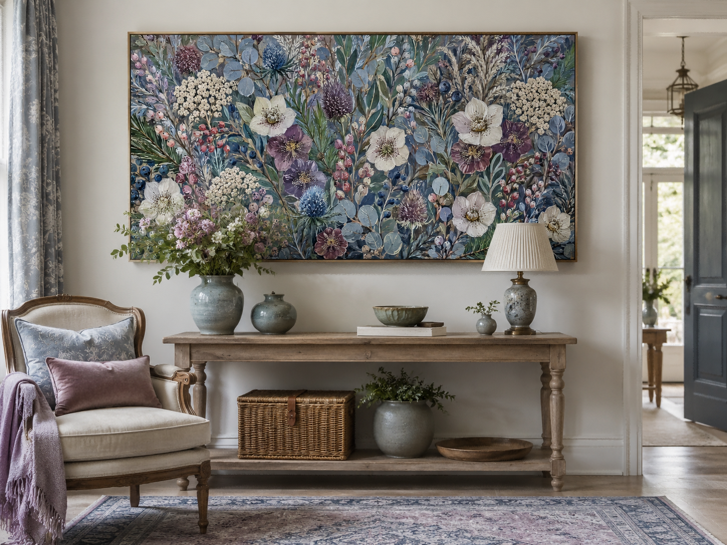 Vintage Blue Floral Oil Painting Textured Art For Elegant Living Room Decor
