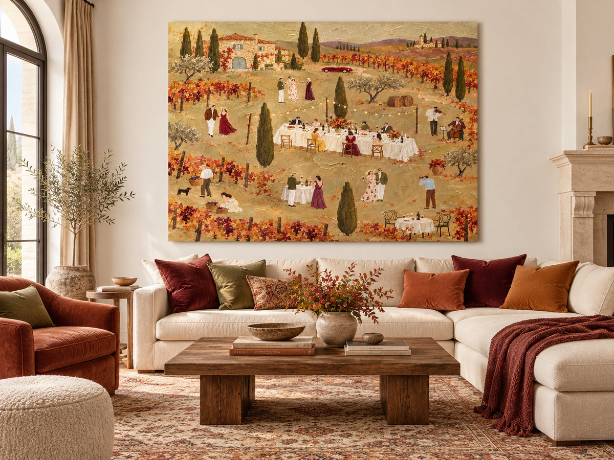 Tuscan Vineyard Dinner Party Hand-Painted Canvas Wall Art In Warm Autumn Colors