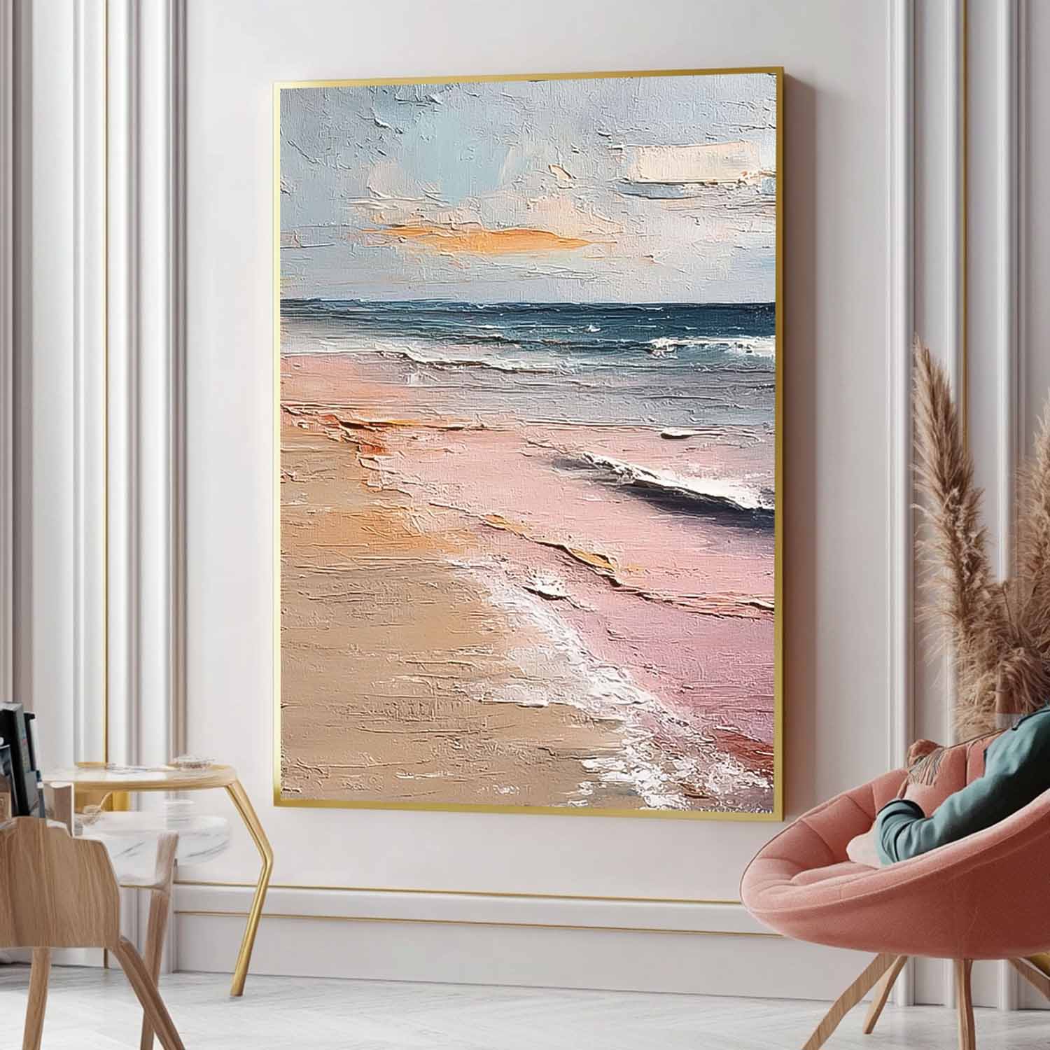 Pink Large Sea Wall Art Original Abstract Beach Oil Painting On Canvas Texture Artwork Home Decor