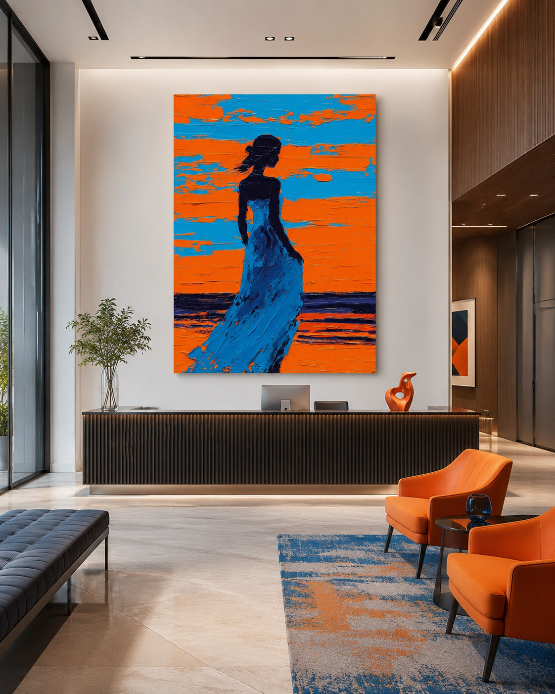 Contemplative Woman Silhouette Against Sunset Ocean Original Oil Painting For Wall Art