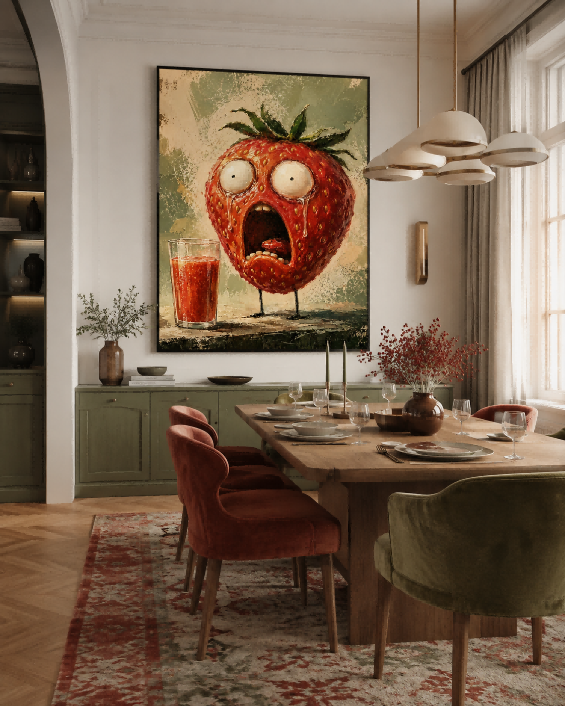 Surreal Anthropomorphic Fruit Art Canvas Featuring A Dramatic Strawberry Character