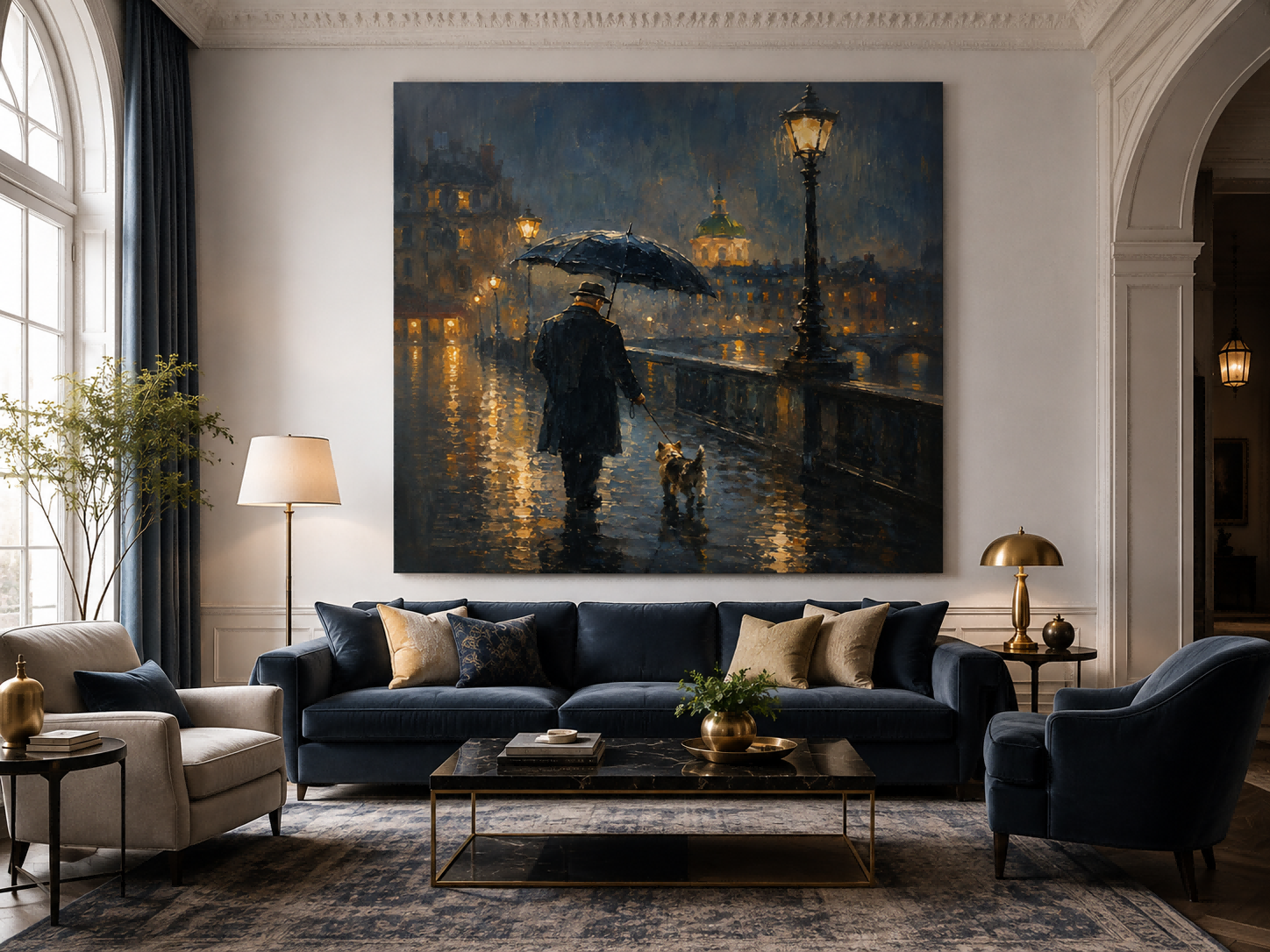 Romantic Impressionist City Night Painting With Man And Dog Under Streetlamp For Living Room Decor