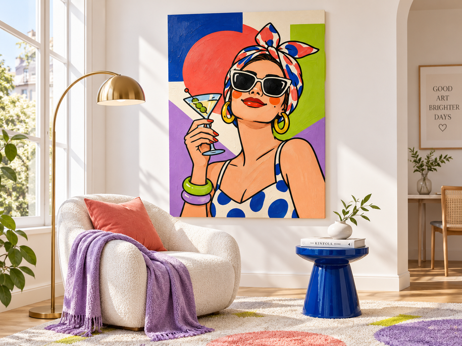 Pop Art Woman With Martini Glass Hand-Painted Canvas Wall Art