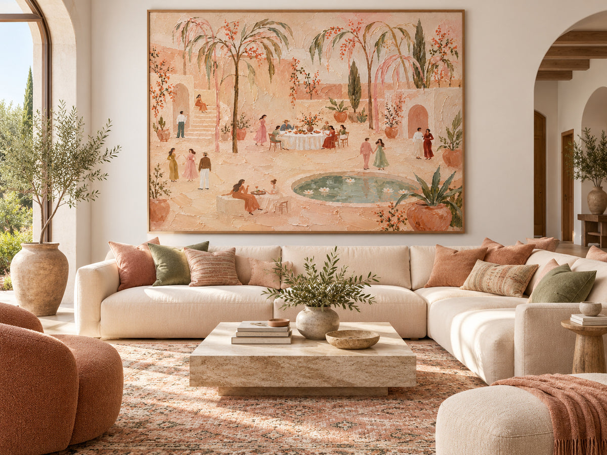 Vintage Moroccan Style Painting With Soft Pink And Green Tones