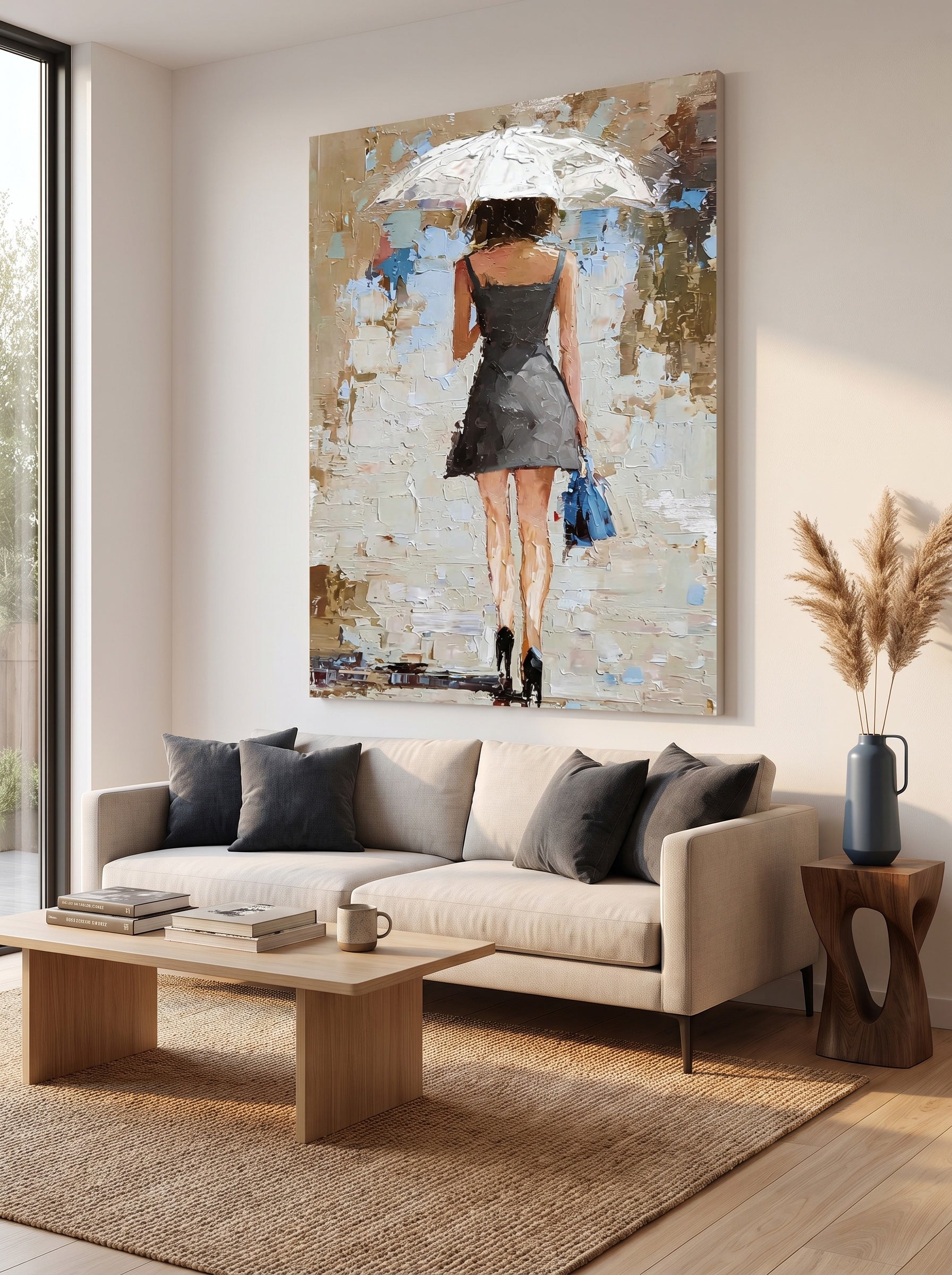 Romantic Urban Scene Oil Painting Silhouette Of Lady In Rain For Bedroom