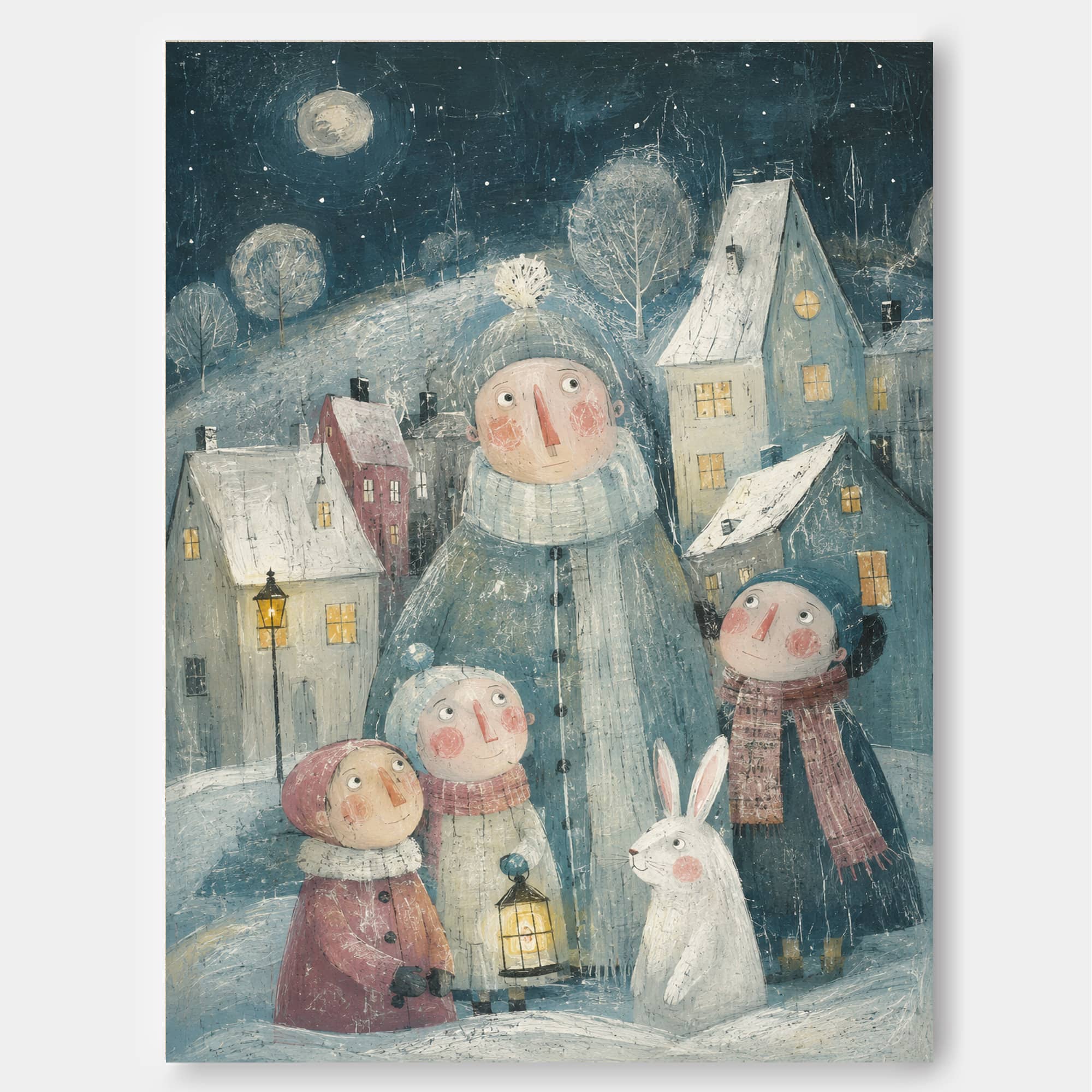 Whimsical Winter Family Scene Hand-Painted Canvas Art With Rabbit And Moon
