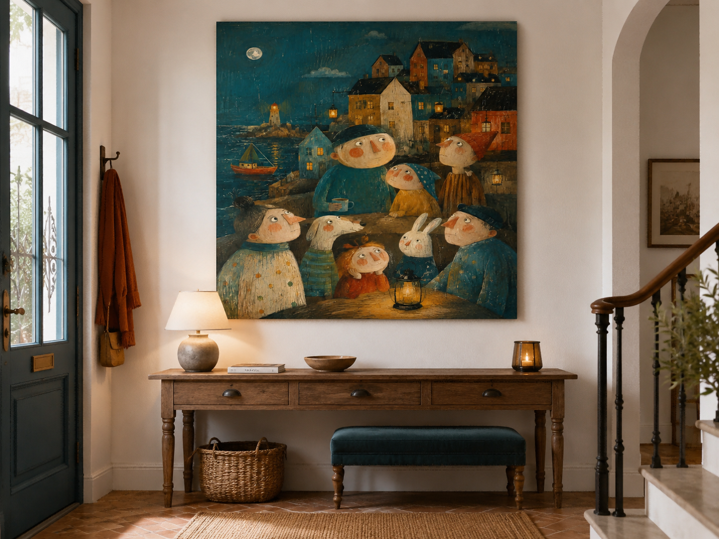 Naive Art Style Painting Of A Fantasy Port Town Under A Full Moon