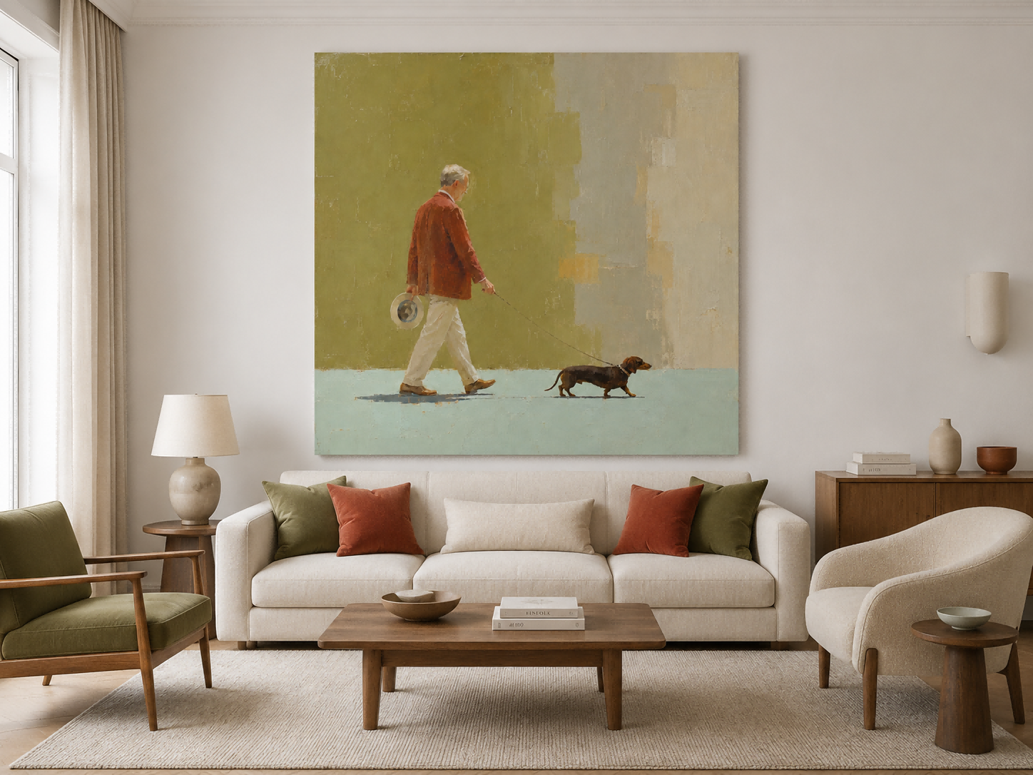 Classic Modern Figurative Art Oil Painting Of Gentleman With Pet