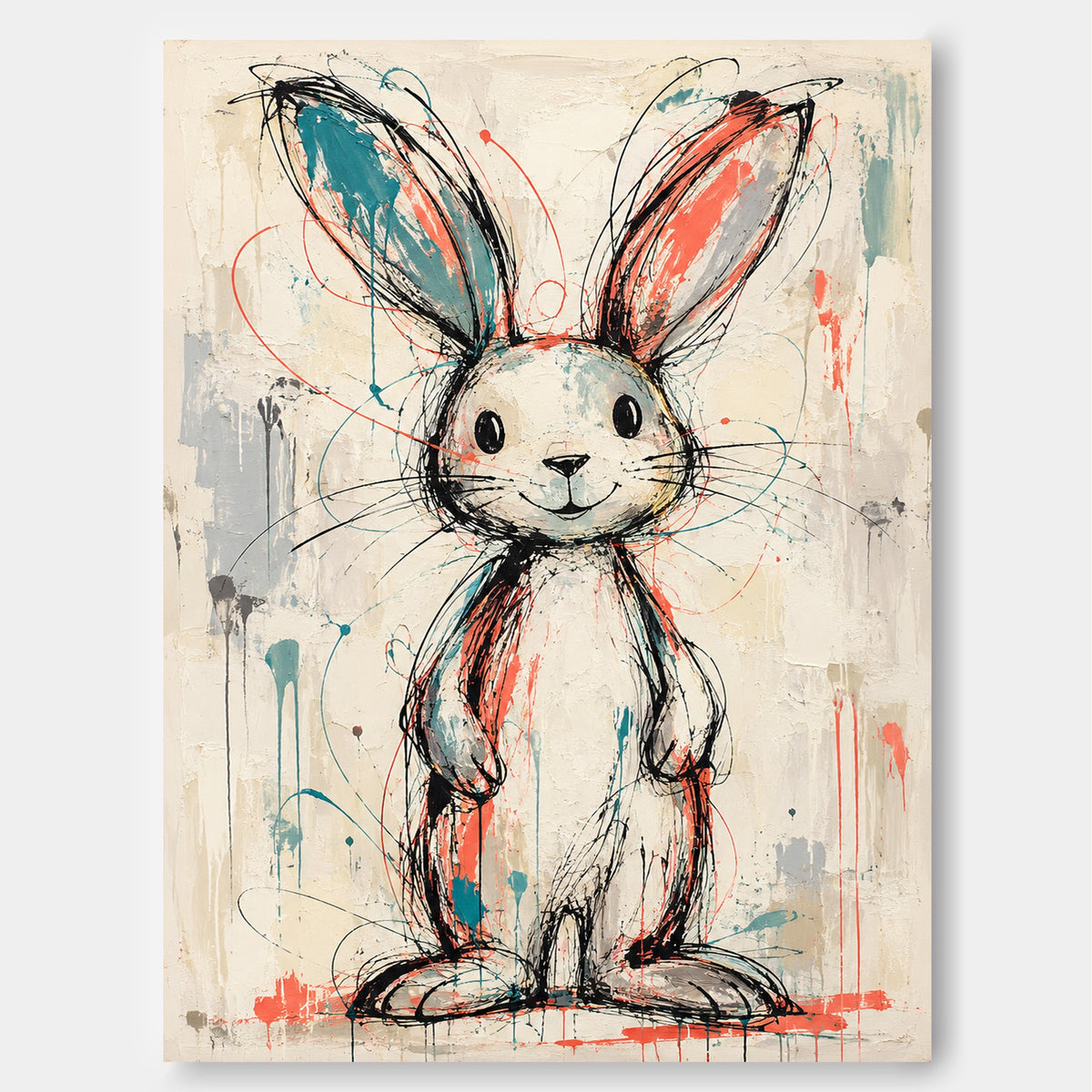 Hand-Painted Graffiti Rabbit Canvas Art With Teal And Coral Accents