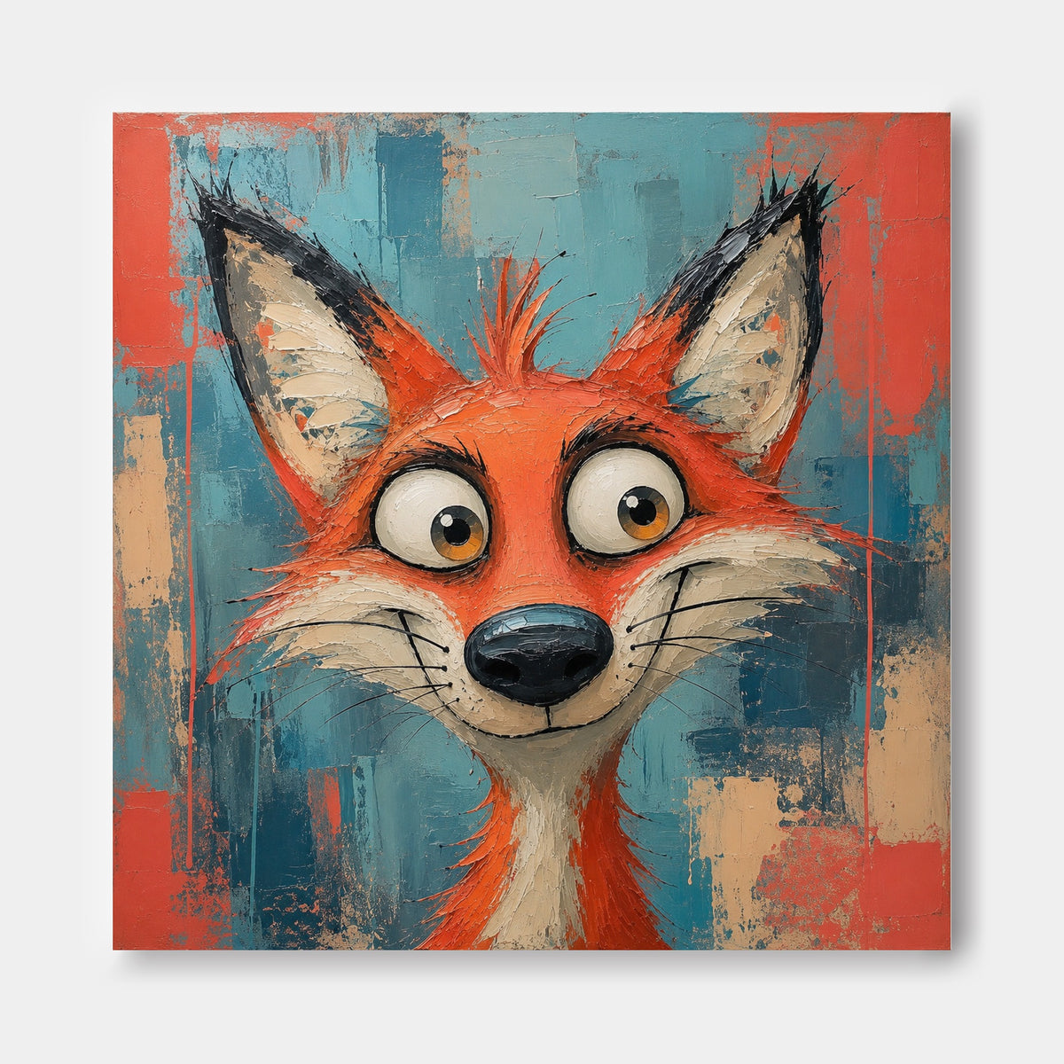 Funny Red Fox Portrait Canvas Painting With Big Eyes In Pop Art Style