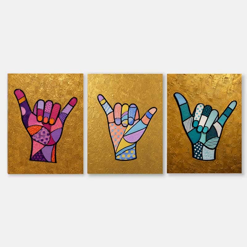 Colorful Geometric Pop Art Triptych With Textured Gold Leaf Finish