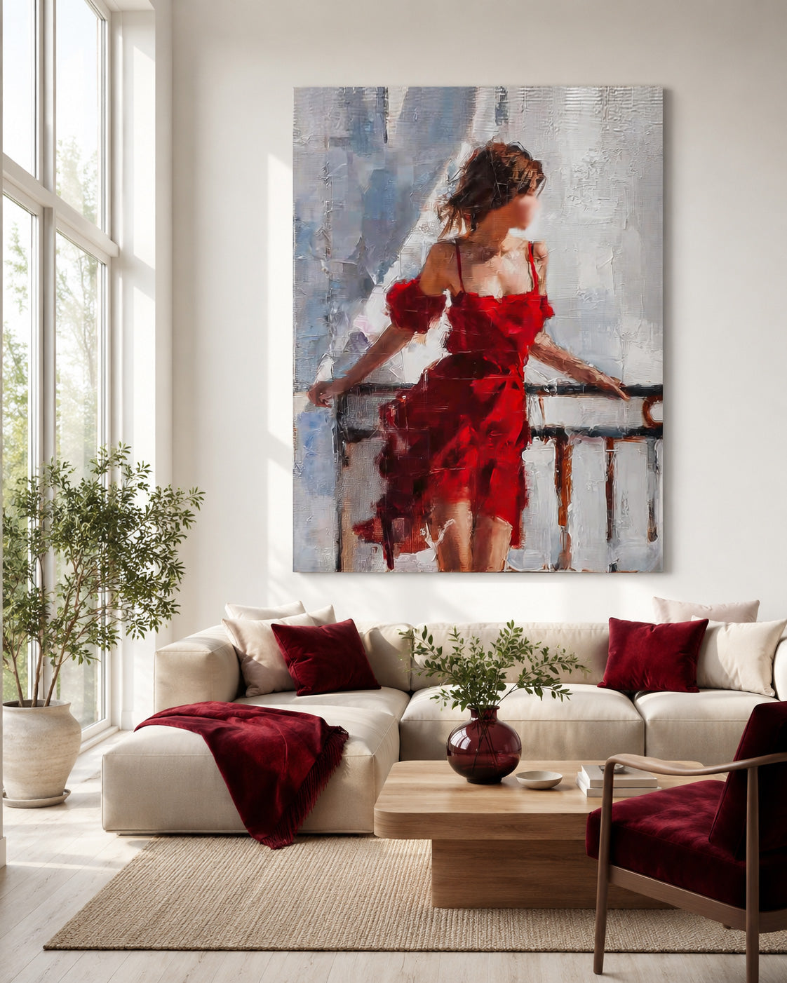 Modern Red Dress Woman Painting Abstract Faceless Figure Art For Living Room Decor