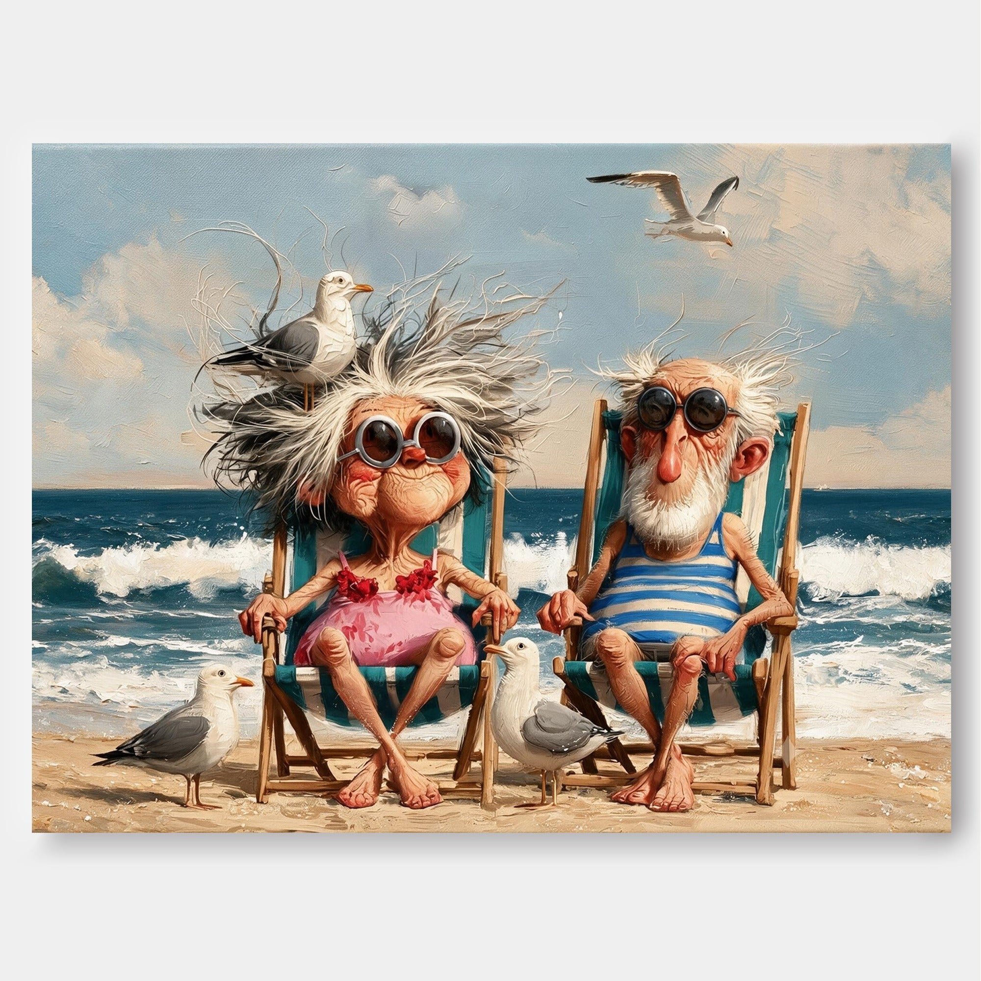 Bright Coastal Art Featuring Funny Seniors And Seagulls For Beach House Wall