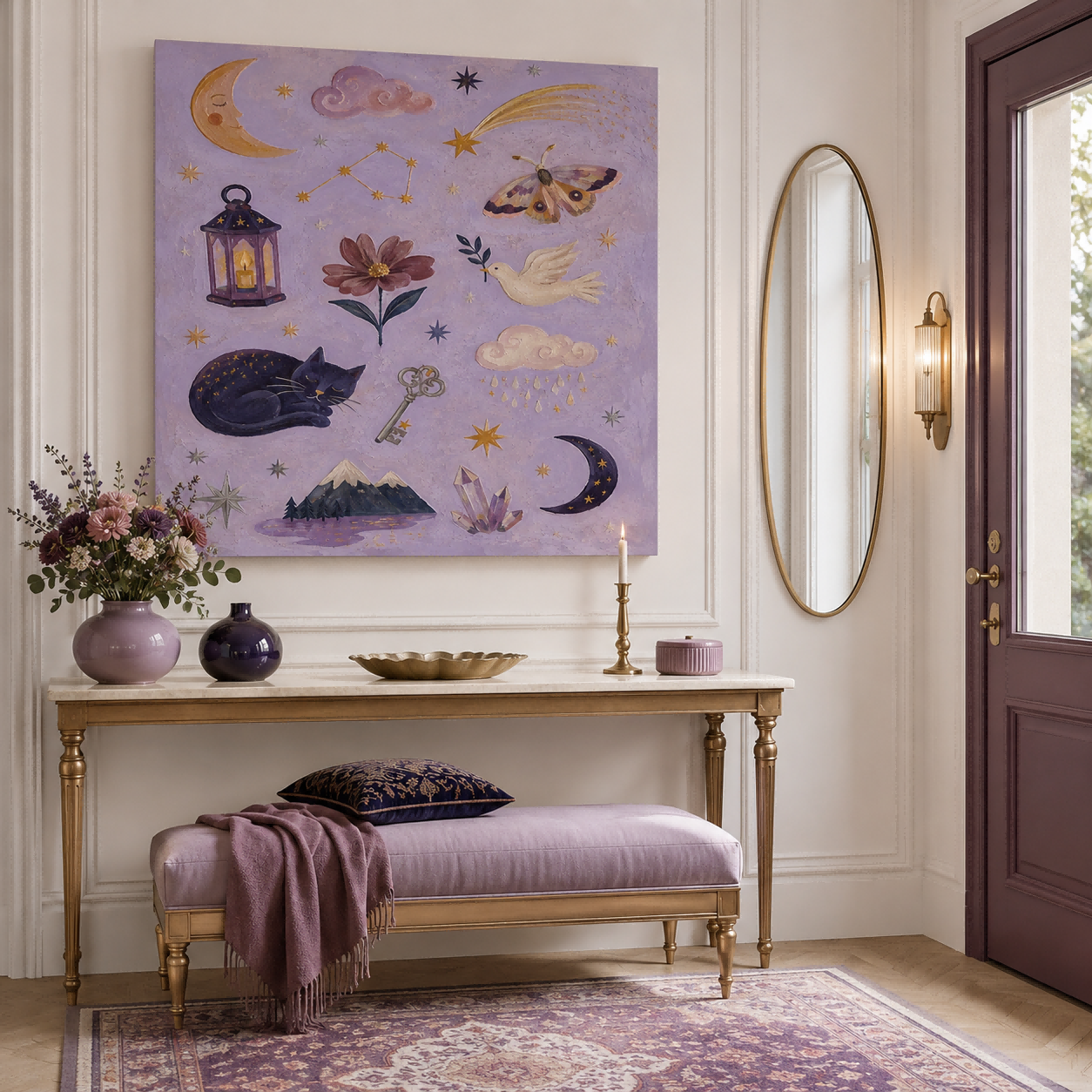 Magical Realism Bohemian Art With Cat And Moon For Bedroom Decor