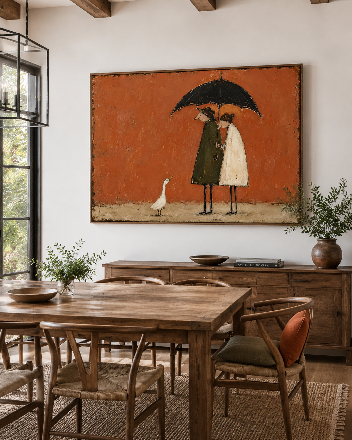 Couple With Umbrella And Goose Hand-Painted Canvas Art In Warm Rust Tones