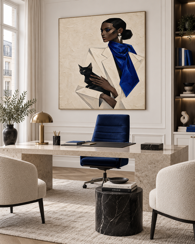 Geometric Woman With Black Cat Hand-Painted Canvas Art In Blue And Beige