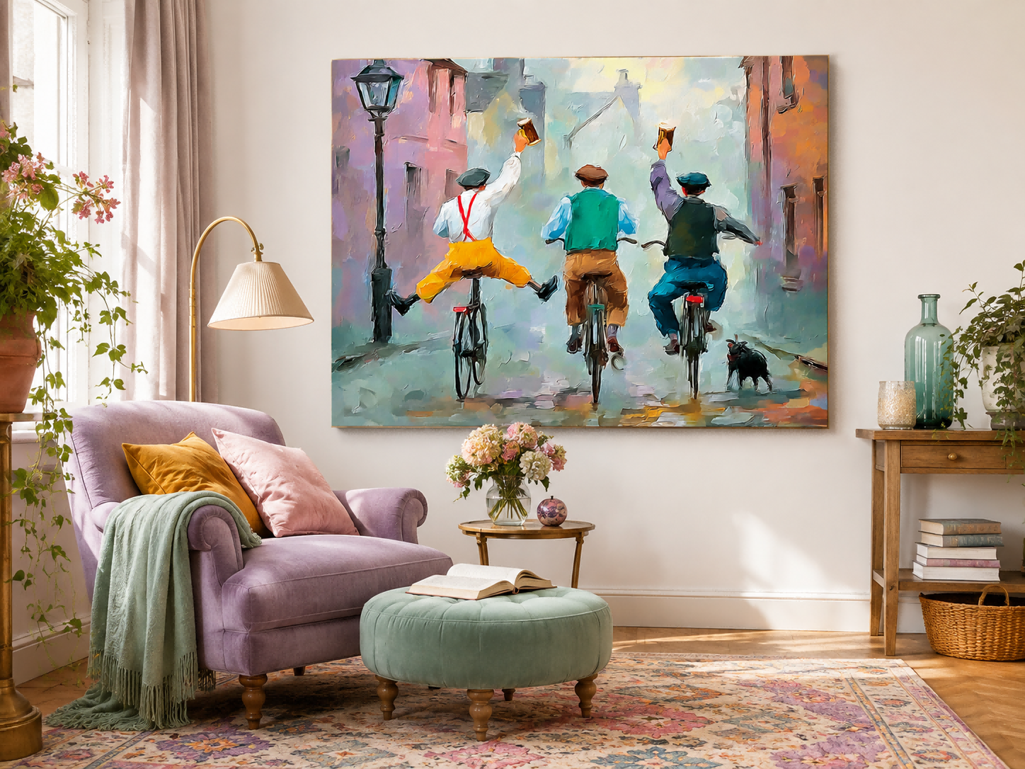 Impressionist Street Scene With Three Men Cycling And Celebrating Vintage Wall Art