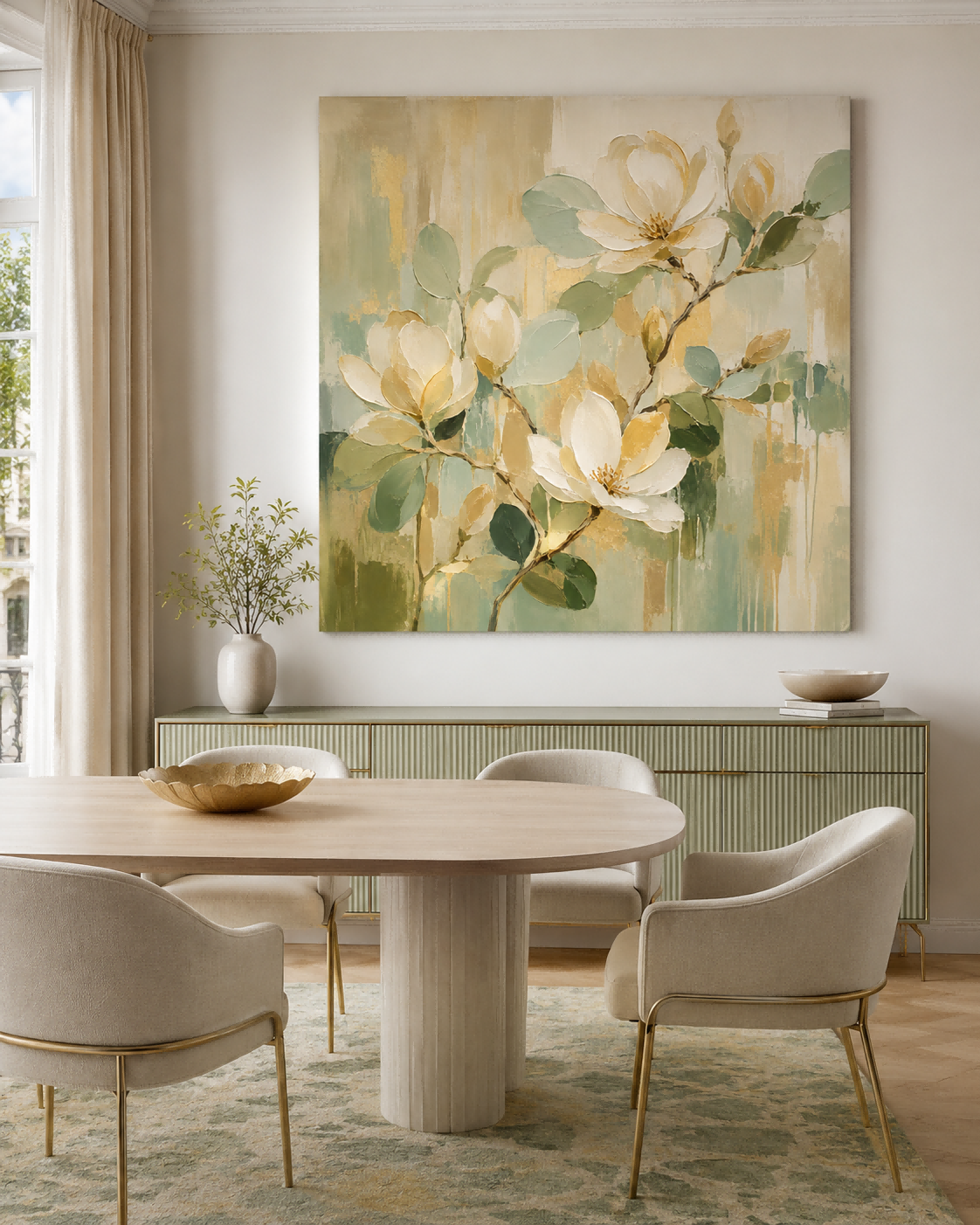 Hand-Painted Magnolia Floral Abstract Canvas Art With Gold Accents For Modern Home