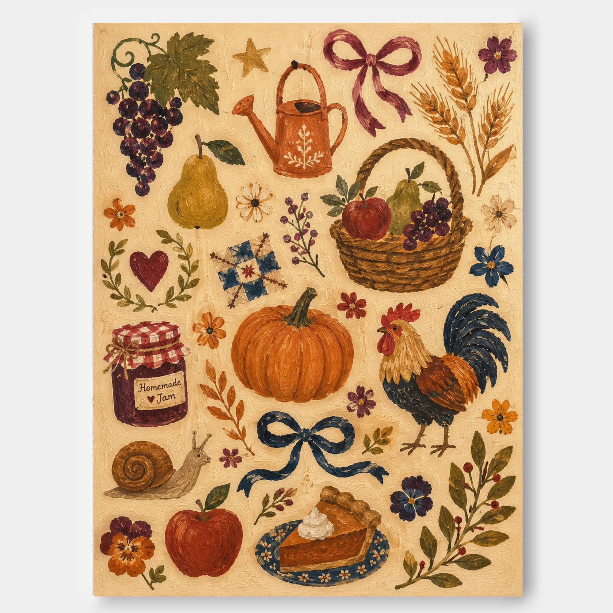American Country Style Wall Art Vintage Collage Of Fruits And Flowers On Canvas