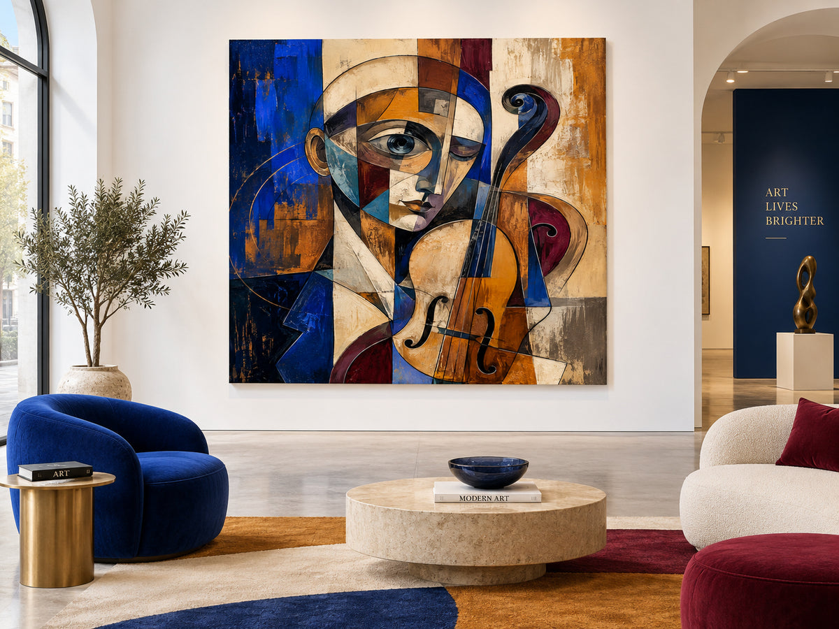 Vintage Geometric Picasso Style Painting With Textured Blue Gold Tones