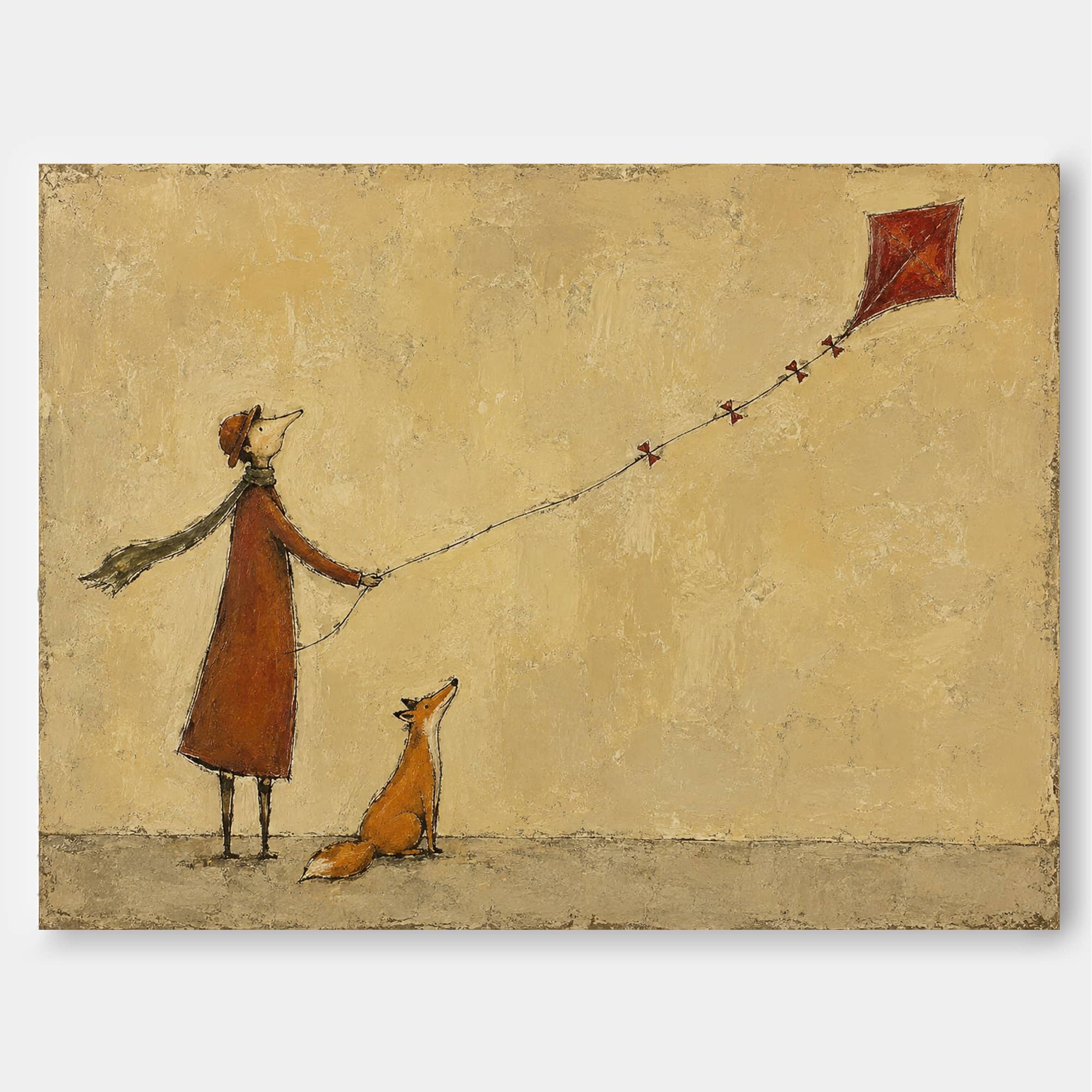 Hand-Painted Fox And Person With Red Kite Canvas Art For Home