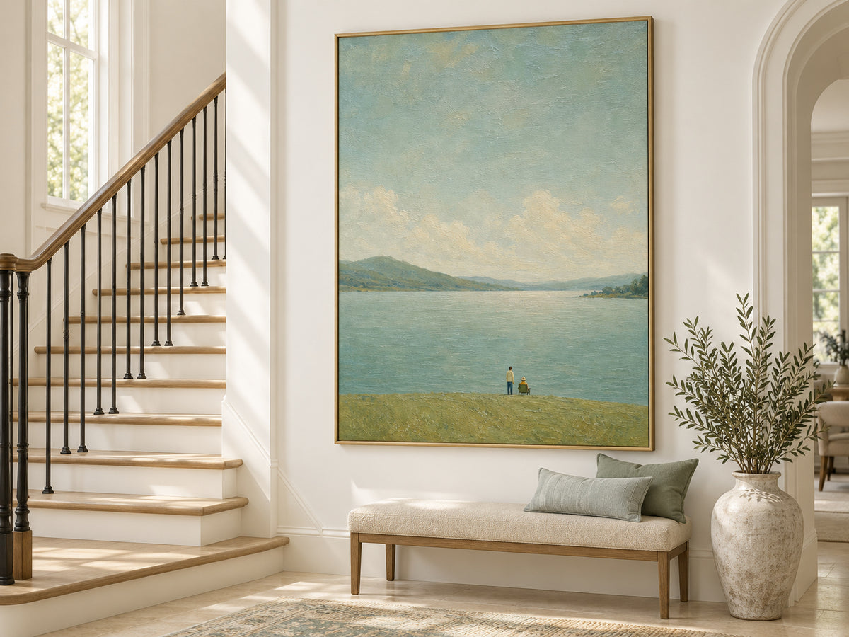 Serene Lakeside Couple Gazing At Distant Mountains Hand-Painted Canvas Art