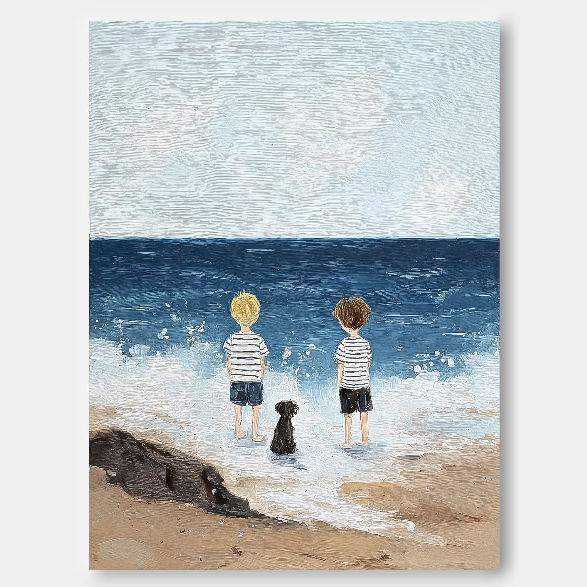Original Hand Painted Seascape Artwork Featuring Children And Pet On Linen