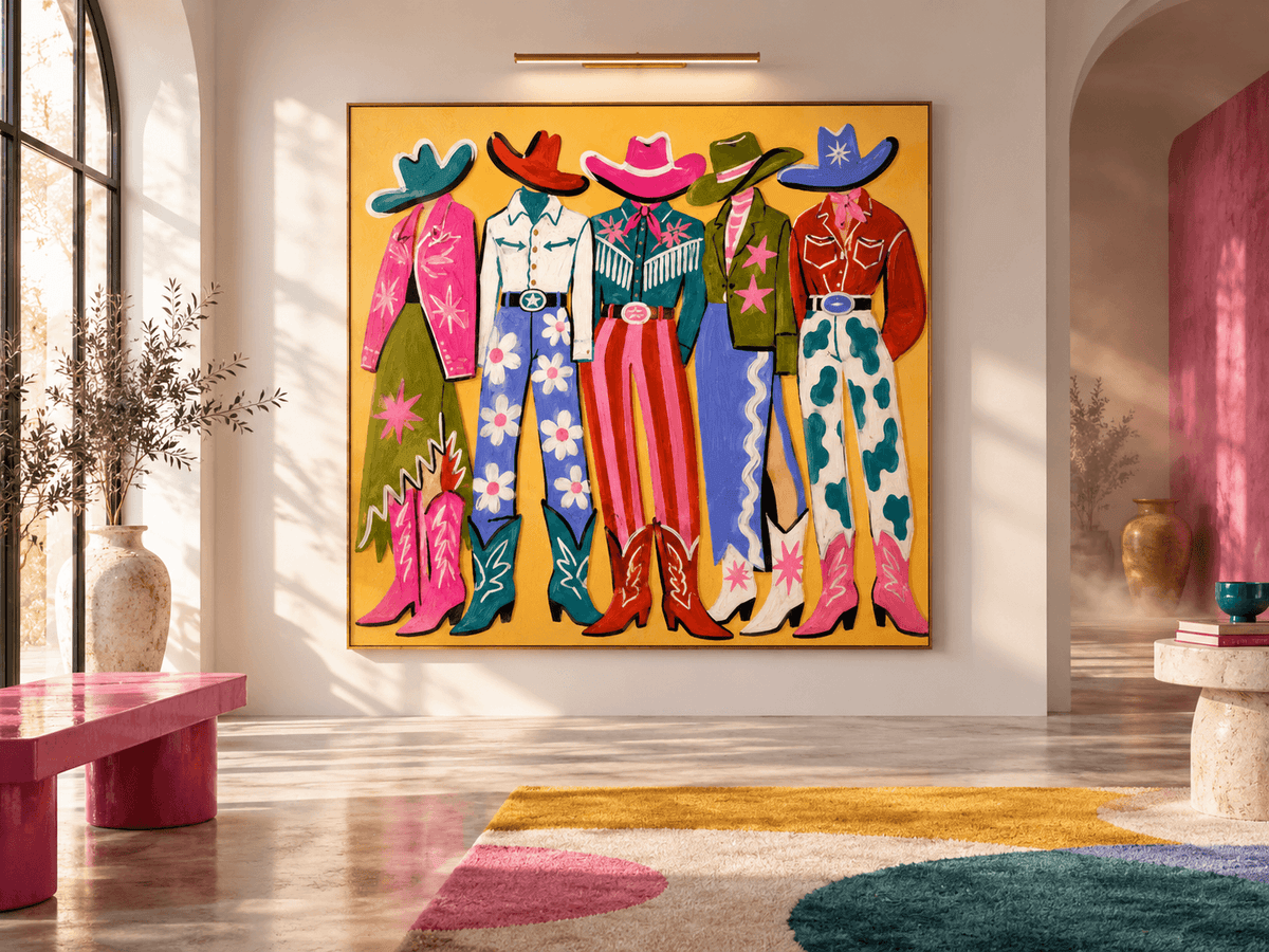 Pop Art Style Cowboy Painting Colorful Retro Fashion Illustration On Canvas