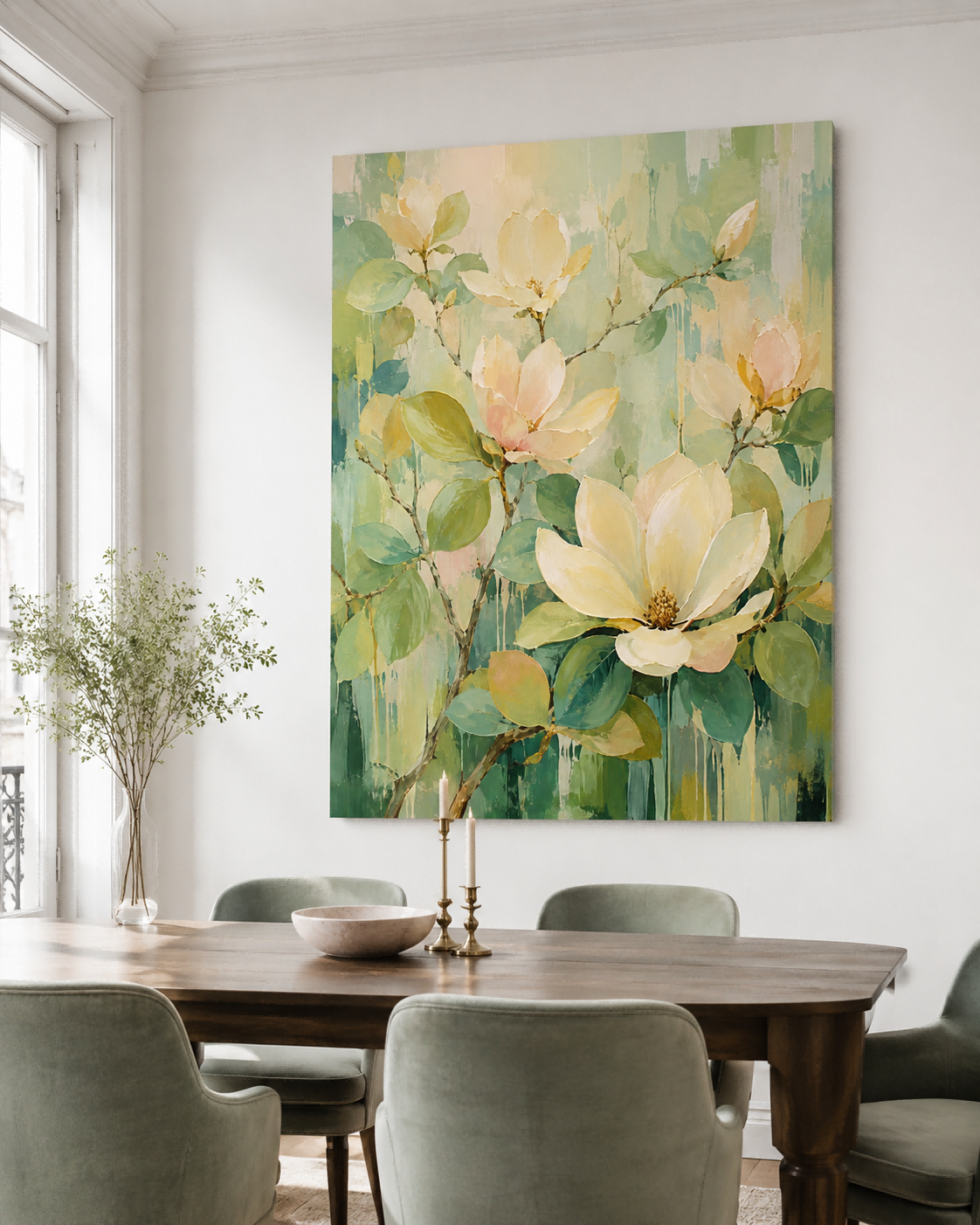 Hand-Painted Abstract Magnolia Floral Canvas Art In Cream And Green