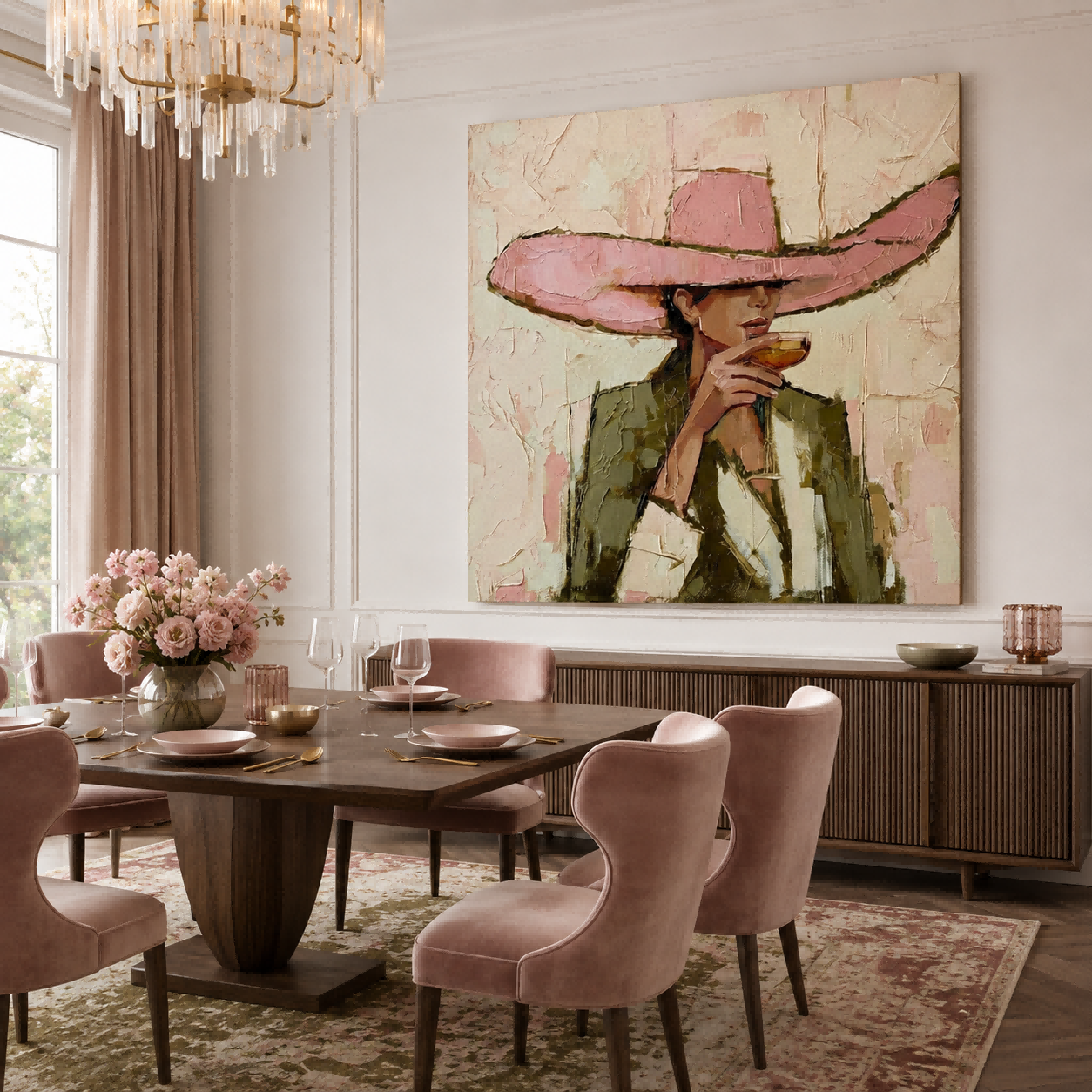 Vintage Fashion Woman Painting Pink Hat Square Canvas Art For Living Room Decor