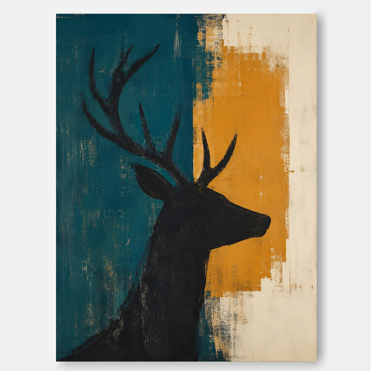 Hand-Painted Black Stag Silhouette Canvas Art With Teal And Amber