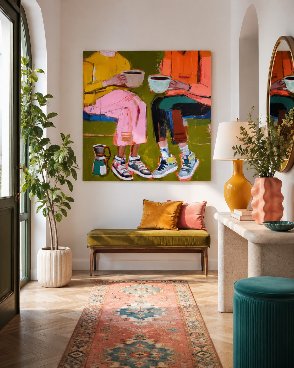 Square Canvas Artwork Depicting Modern Friendship Through Colorful Expressionist Style
