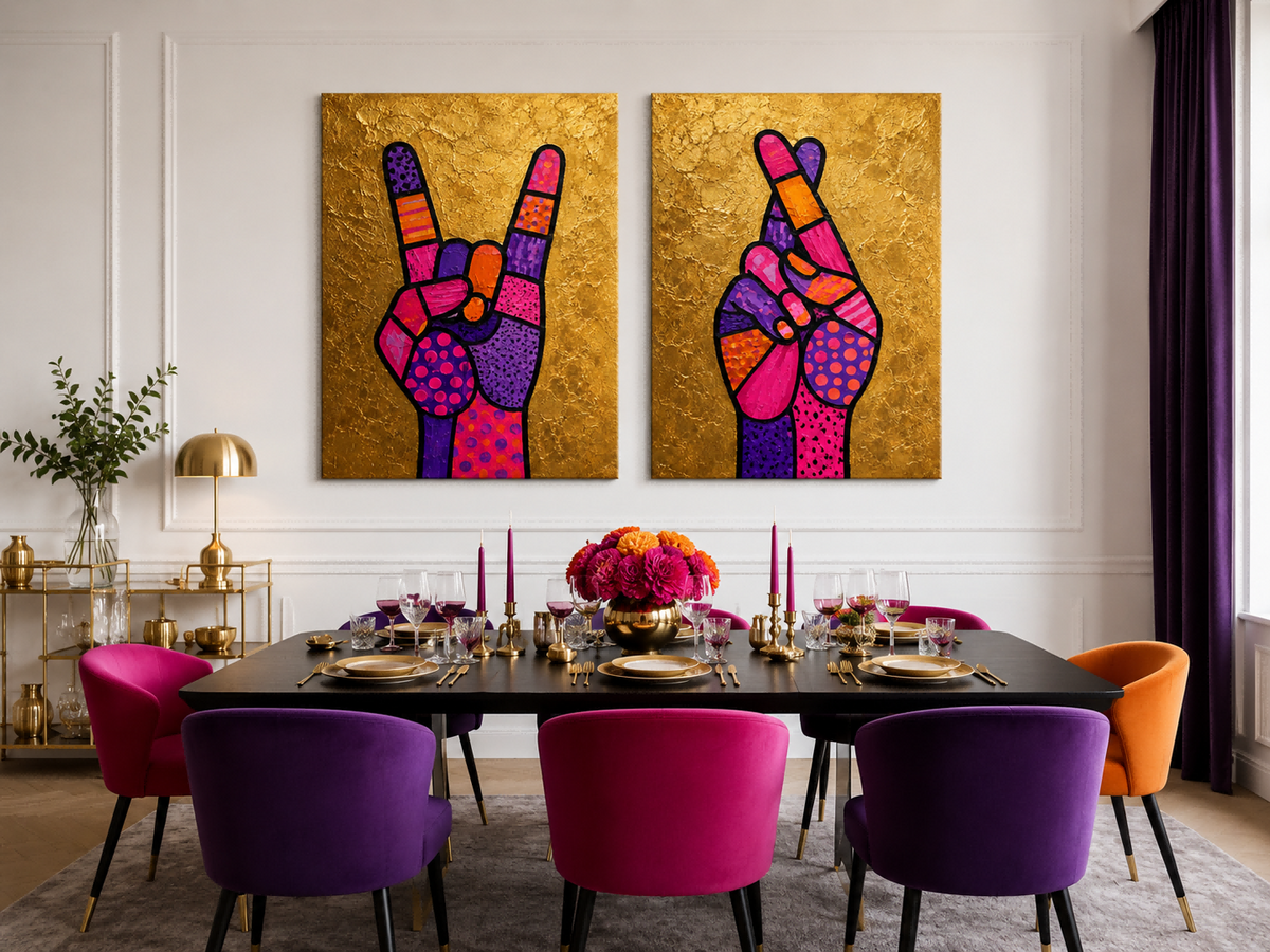 Pop Art Hand Gestures Canvas Painting Set With Gold Background