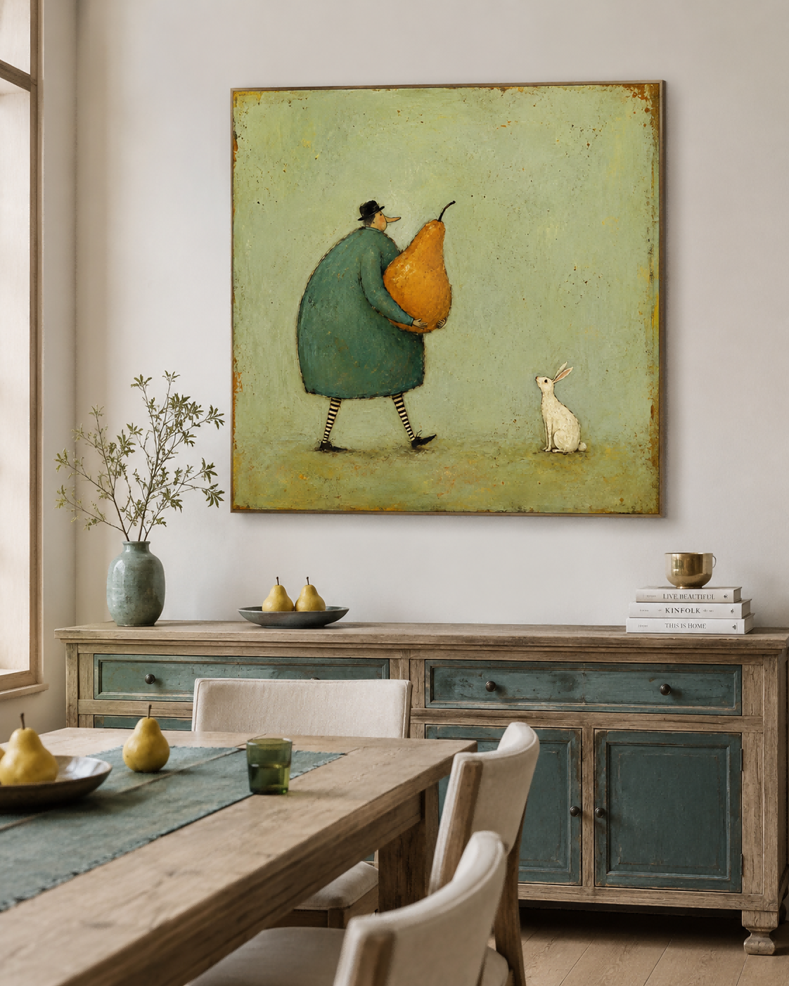 Whimsical Retro Illustration Original Canvas Painting Green Orange