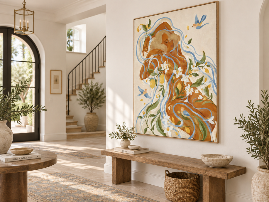 Hand-Painted Woman With Lemon Flowers And Birds Canvas Art