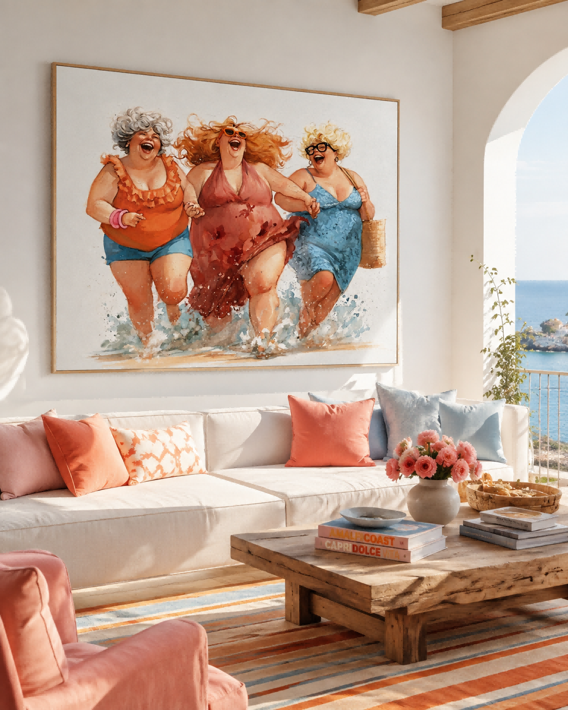 Vibrant Women Painting For Living Room With Coastal Theme And Happy Sisters Art