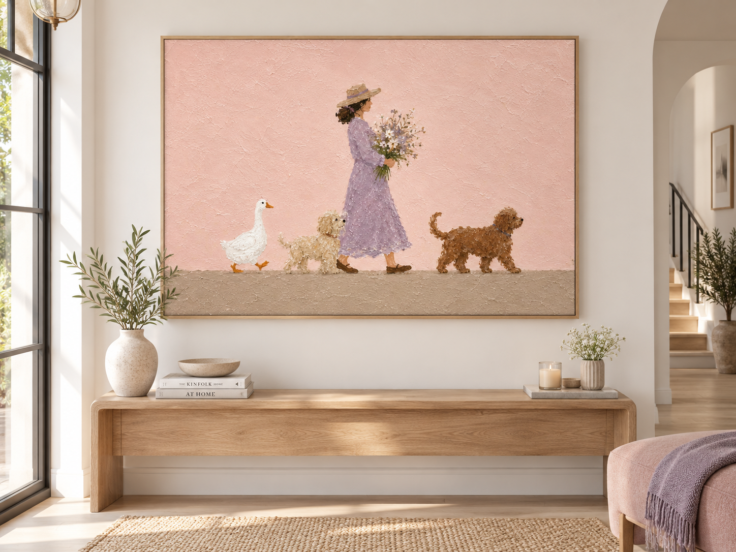 Modern Abstract Pastoral Art With Textured Pink Background And Whimsical Characters