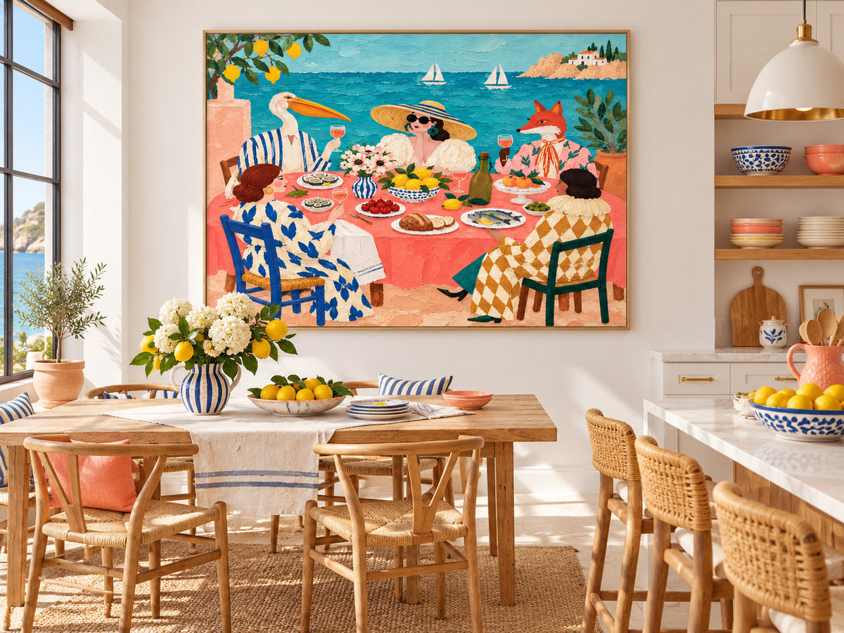 Vintage Surrealism Canvas Painting Bright Impasto Texture Art Mediterranean Dining Room Wall Art Colorful Ocean View Painting