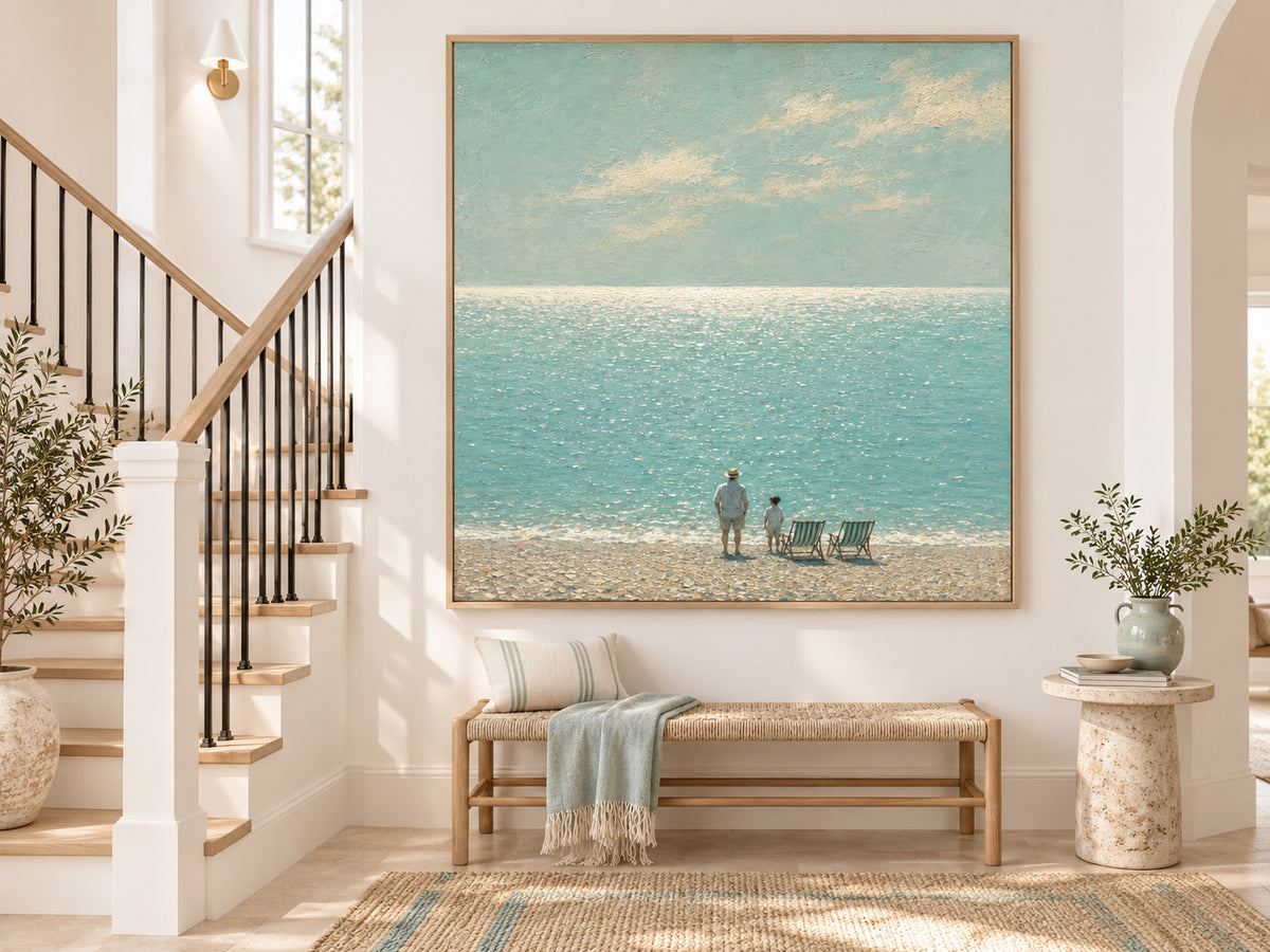 Father And Son Beach Scene Hand-Painted Canvas Art In Soft Blue Tones