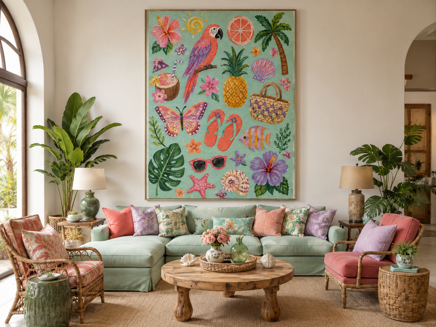 Vintage Coastal Wall Art With Seashells And Hibiscus Flowers For Beach House Bedroom