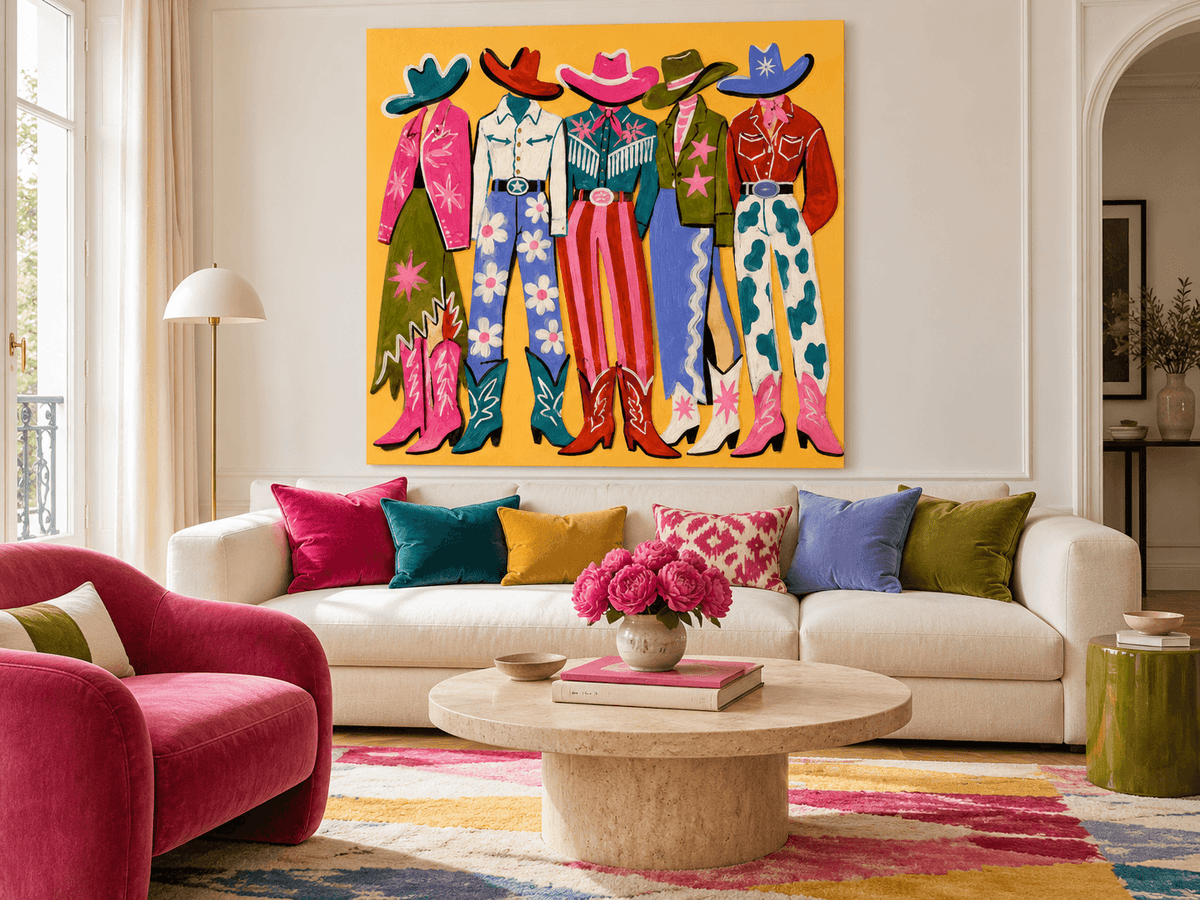 Pop Art Style Cowboy Painting Colorful Retro Fashion Illustration On Canvas