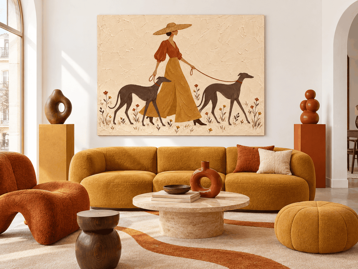 Vintage Woman With Dogs Canvas Painting Abstract Pastoral Art Beige