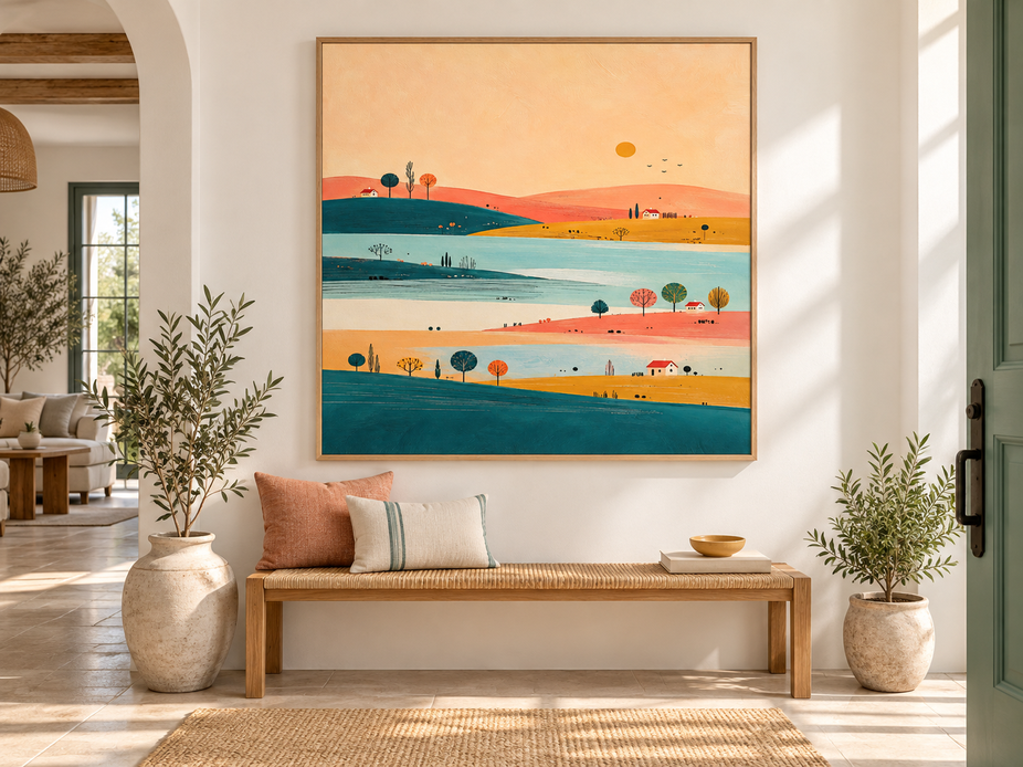 Hand-Painted Minimalist Landscape Canvas Art With Sunset Hills